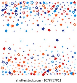 patriotic american stars confetti. USA Presidents day banner background, Blue and Red 4th of July Stars sparkles isolated on white. backdrop Vector Illustration