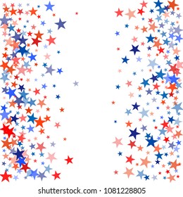 patriotic american stars confetti. USA Presidents day banner background. backdrop Vector Illustration, Blue and Red 4th of July Stars sparkles isolated on white. 
