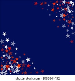 patriotic american stars confetti. USA Presidents day banner background. backdrop Vector Illustration, Blue and Red 4th of July Stars sparkles isolated on white. 