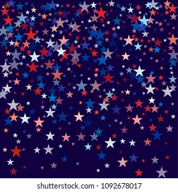 patriotic american stars confetti. USA Presidents day banner background. backdrop Vector Illustration, Blue and Red 4th of July Stars sparkles isolated on white.