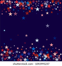 patriotic american stars confetti. USA Presidents day banner background. backdrop Vector Illustration, Blue and Red 4th of July Stars sparkles isolated on white.