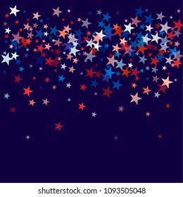 patriotic american stars confetti. USA Presidents day banner background. backdrop Vector Illustration, Blue and Red 4th of July Stars sparkles isolated on white.