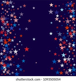 patriotic american stars confetti. USA Presidents day banner background. backdrop Vector Illustration, Blue and Red 4th of July Stars sparkles isolated on white.
