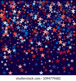 patriotic american stars confetti. USA Presidents day banner background. backdrop Vector Illustration, Blue and Red 4th of July Stars sparkles isolated on white.