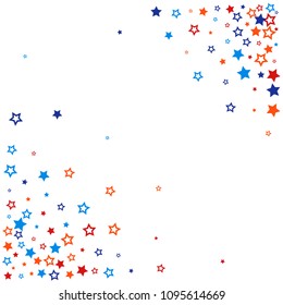 patriotic american stars confetti. USA Presidents day banner background, Blue and Red 4th of July Stars sparkles isolated on white. backdrop Vector Illustration