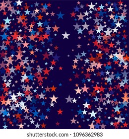 patriotic american stars confetti. USA Presidents day banner background. backdrop Vector Illustration, Blue and Red 4th of July Stars sparkles isolated on white.