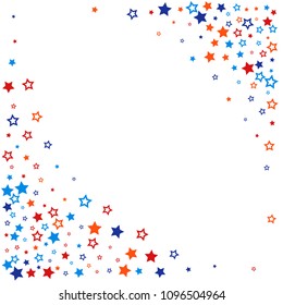 patriotic american stars confetti. USA Presidents day banner background, Blue and Red 4th of July Stars sparkles isolated on white. backdrop Vector Illustration