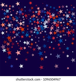 patriotic american stars confetti. USA Presidents day banner background. backdrop Vector Illustration, Blue and Red 4th of July Stars sparkles isolated on white.