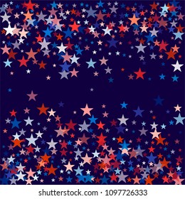 patriotic american stars confetti. USA Presidents day banner background. backdrop Vector Illustration, Blue and Red 4th of July Stars sparkles isolated on white.