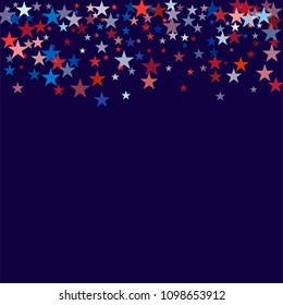 patriotic american stars confetti. USA Presidents day banner background. backdrop Vector Illustration, Blue and Red 4th of July Stars sparkles isolated on white.