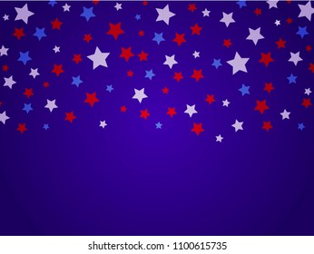 patriotic american stars confetti. USA Presidents day banner background. backdrop Vector Illustration, Blue and Red 4th of July Stars sparkles isolated on white.