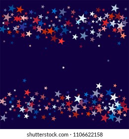 patriotic american stars confetti. USA Presidents day banner background. backdrop Vector Illustration, Blue and Red 4th of July Stars sparkles isolated on white.
