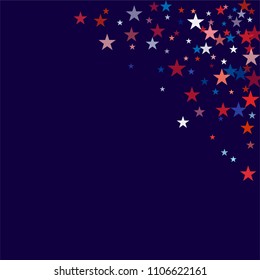 patriotic american stars confetti. USA Presidents day banner background. backdrop Vector Illustration, Blue and Red 4th of July Stars sparkles isolated on white.