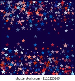 patriotic american stars confetti. USA Presidents day banner background. backdrop Vector Illustration, Blue and Red 4th of July Stars sparkles isolated on white.