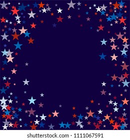 patriotic american stars confetti. USA Presidents day banner background. backdrop Vector Illustration, Blue and Red 4th of July Stars sparkles isolated on white.