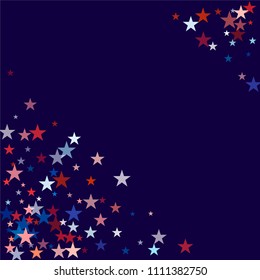 patriotic american stars confetti. USA Presidents day banner background. backdrop Vector Illustration, Blue and Red 4th of July Stars sparkles isolated on white.