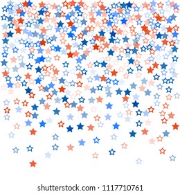 patriotic american stars confetti. USA Presidents day banner background. White and Red 4th of July Stars sparkles isolated on Blue. july fourth backdrop Vector Illustration,