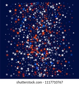 patriotic american stars confetti. USA Presidents day banner background. White and Red 4th of July Stars sparkles isolated on Blue. july fourth backdrop Vector Illustration,