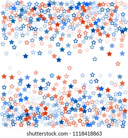patriotic american stars confetti. USA Presidents day banner background.  Blue and Red 4th of July Stars sparkles isolated on White. july fourth backdrop Vector Illustration,
