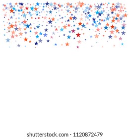 patriotic american stars confetti. USA Presidents day banner background. White and Red 4th of July Stars sparkles isolated on Blue. july fourth backdrop Vector Illustration,