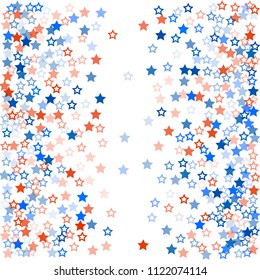 patriotic american stars confetti. USA Presidents day banner background. White and Red 4th of July Stars sparkles isolated on Blue. july fourth backdrop Vector Illustration,