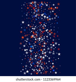 patriotic american stars confetti. USA Presidents day banner background. White and Red 4th of July Stars sparkles isolated on Blue. july fourth backdrop Vector Illustration,