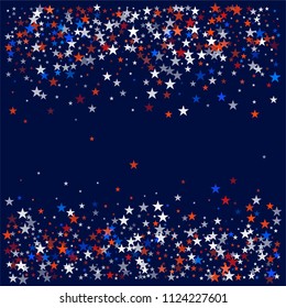 patriotic american stars confetti. USA Presidents day banner background. White and Red 4th of July Stars sparkles isolated on Blue. july fourth backdrop Vector Illustration,