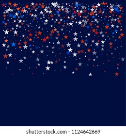 patriotic american stars confetti. USA Presidents day banner background. White and Red 4th of July Stars sparkles isolated on Blue. july fourth backdrop Vector Illustration,