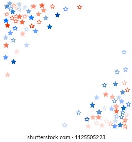 patriotic american stars confetti. USA Presidents day banner background. White and Red 4th of July Stars sparkles isolated on Blue. july fourth backdrop Vector Illustration,

