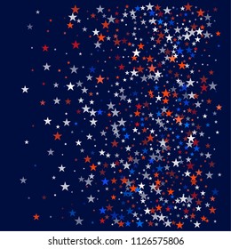 patriotic american stars confetti. USA Presidents day banner background. White and Red 4th of July Stars sparkles isolated on Blue. july fourth backdrop Vector Illustration,