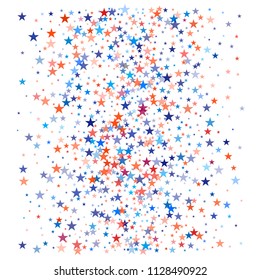 patriotic american stars confetti. USA Presidents day banner background. White and Red 4th of July Stars sparkles isolated on Blue. july fourth backdrop Vector Illustration,