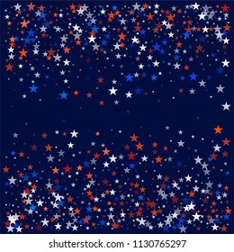 patriotic american stars confetti. USA Presidents day banner background. White and Red 4th of July Stars sparkles isolated on Blue. july fourth backdrop Vector Illustration,