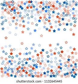 patriotic american stars confetti. USA Presidents day banner background. White and Red 4th of July Stars sparkles isolated on Blue. july fourth backdrop Vector Illustration,