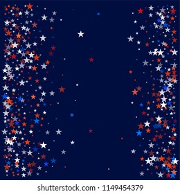 patriotic american stars confetti. USA Presidents day banner background. White and Red 4th of July Stars sparkles isolated on Blue. july fourth backdrop Vector Illustration,