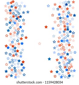 patriotic american stars confetti. USA Presidents day banner background. White and Red 4th of July Stars sparkles isolated on Blue. july fourth backdrop Vector Illustration,