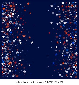 patriotic american stars confetti. USA Presidents day banner background. White and Red 4th of July Stars sparkles isolated on Blue. july fourth backdrop Vector Illustration,