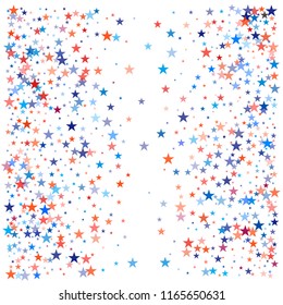 patriotic american stars confetti. USA Presidents day banner background. Blue and Red 4th of July Stars sparkles isolated on White. july fourth backdrop Vector Illustration,