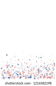patriotic american stars confetti. USA Presidents day banner background. Blue and Red 4th of July Stars sparkles isolated on white. july fourth backdrop Vector Illustration,