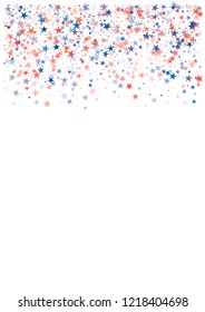 patriotic american stars confetti. USA Presidents day banner background. Blue and Red 4th of July Stars sparkles isolated on white. july fourth backdrop Vector Illustration,