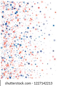 patriotic american stars confetti. USA Presidents day banner background. Blue and Red 4th of July Stars sparkles isolated on white. july fourth backdrop Vector Illustration,