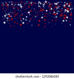 patriotic american stars confetti. USA Presidents day banner background. backdrop Vector Illustration, Blue and Red 4th of July Stars sparkles isolated on white. - Vector