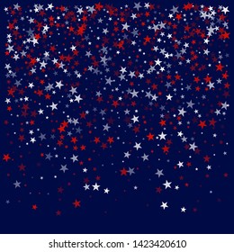 patriotic american stars confetti. USA Presidents day banner background. backdrop Vector Illustration, Blue and Red 4th of July Stars sparkles isolated on white.