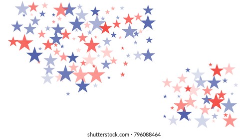 patriotic american stars confetti. USA Presidents day banner background. backdrop Vector Illustration, Blue and Red 4th of July Stars sparkles isolated on white. 