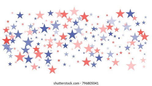 patriotic american stars confetti. USA Presidents day banner background. backdrop Vector Illustration, Blue and Red 4th of July Stars sparkles isolated on white. 