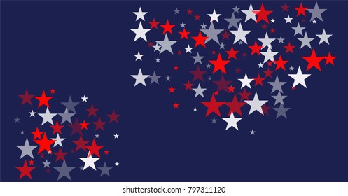 patriotic american stars confetti. USA Presidents day banner background. backdrop Vector Illustration, Blue and Red 4th of July Stars sparkles isolated on white. 