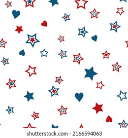 Patriotic American stars seamless pattern in red, blue, and white national colors. Isolated on white background. American Independence day vector background.