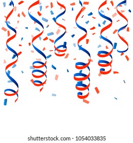 patriotic american streamers and confetti. serpentine party elements, Blue and Red isolated ribbons, celebration decoration, USA banner background. Australia Vector Holiday elements.