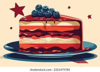 Patriotischer amerikanischer Themenkuchen, Kuchen, Kuchen im 4. Juli Konzept dekoriert, Kuchen Nachtisch zum 4. Juli. Vektorgrafik.