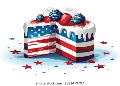 pastelito de tema patriótico americano, bizcocho, pastel decorado con el concepto del 4 de julio, postre para pasteles para celebrar el 4 de julio. Ilustración de arte vectorial.