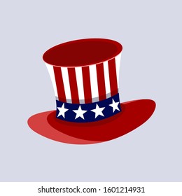 Patriotic American top hat in the red, white and blue colours of the Stars and Stripes at a jaunty angle on a white background. Vector illustration